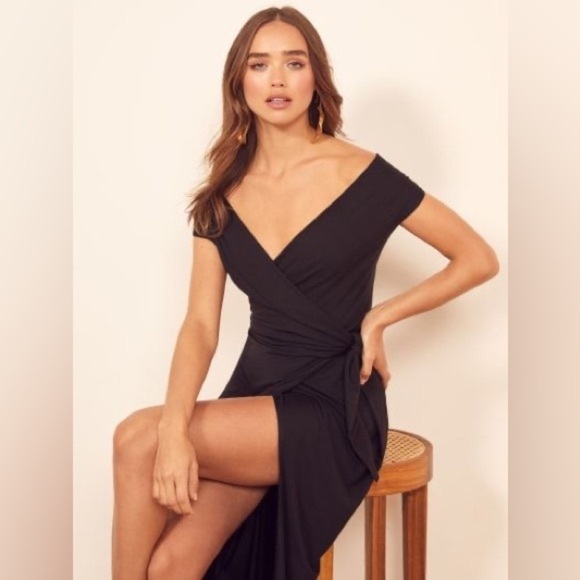 Reformation Sage Short Sleeve Wrap Midi Dress Black with Slit - Picture 2 of 11